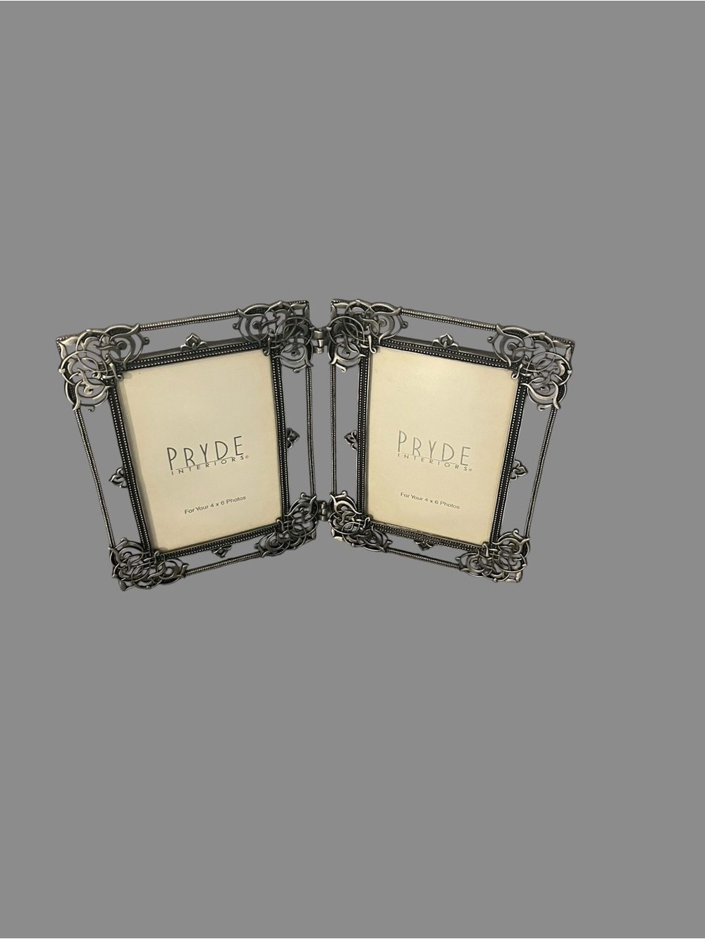 Pryde Interiors Ornate Double Hinged Silver Tone Metal Photo Frame Freestanding